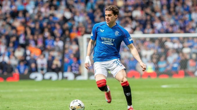 04 May 2025, Glasgow, UK. Rangers played Celtic in a William Hill Premiership game at Ibrox Stadium, Glasgow, Scotland, UK, the final "old firm" match for this season. The final score was Rangers 1 - 1 Celtic. Ianis Hagi (R30) running with the ball. Cred